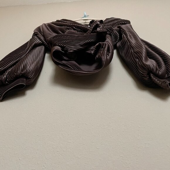 Express, Faux Wrap, Banded Bottom, Shimmery Chocolate Color V-Neck Blouse - Picture 2 of 8